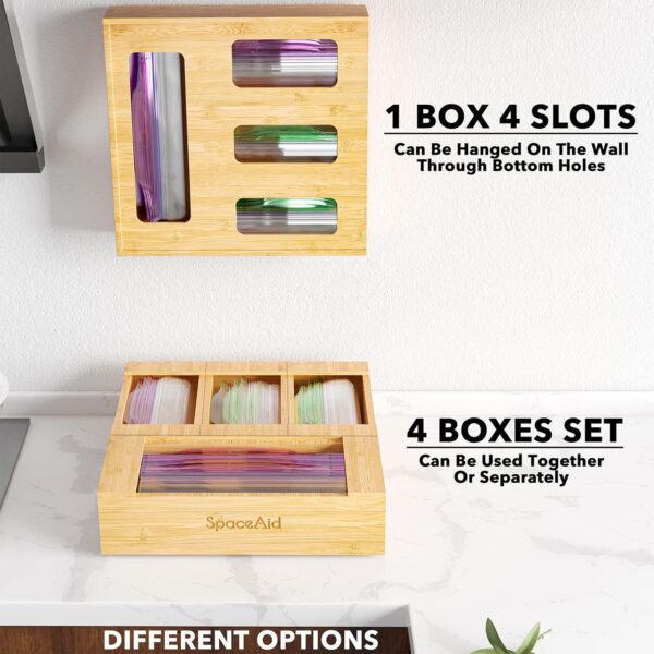 SpaceAid Bag Storage Organizer for Kitchen Drawer, Bamboo Organizer, Compatible with Gallon, Quart, Sandwich and Snack Variety Size Bag (1 Box 4 Slots) - Image 6