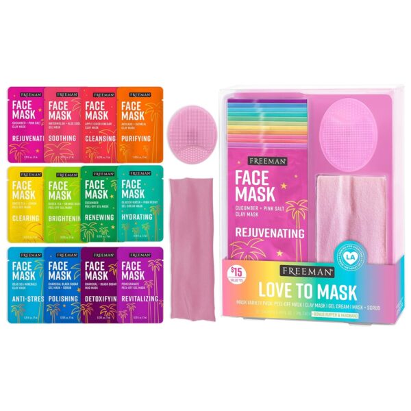 Freeman 14 Piece Love To Mask Variety Pack, Face Masks For All Skin Types, Hydrate, Detoxify, & Clear Skin, Exfoliating Scrub, Bonus Headband & Skin Buffer, Stocking Stuffer, Cruelty-Free & Vegan