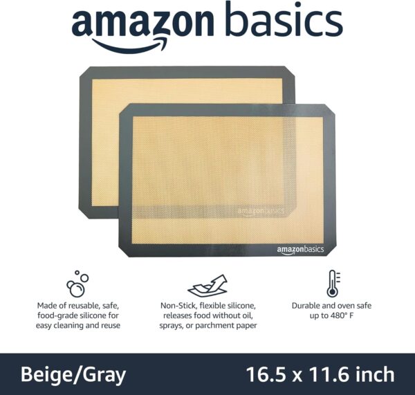 Amazon Basics Rectangular Silicone, Non-Stick Reusable, Food Safe Baking Mat, Pack of 2, 16.5 - Image 2