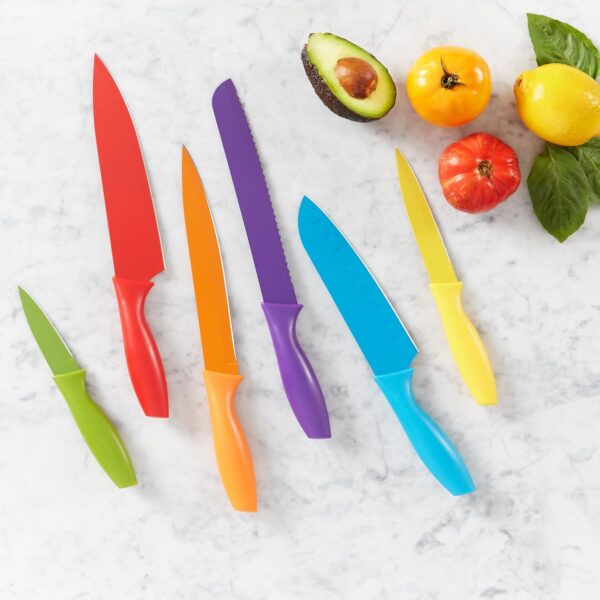 Amazon Basics Color-Coded Dishwasher Safe Kitchen 12-Piece Knife Set, 6 Knives with 6 Blade Guards, Multicolor, 13.88 x 4.13 x 1.38 inch - Image 6