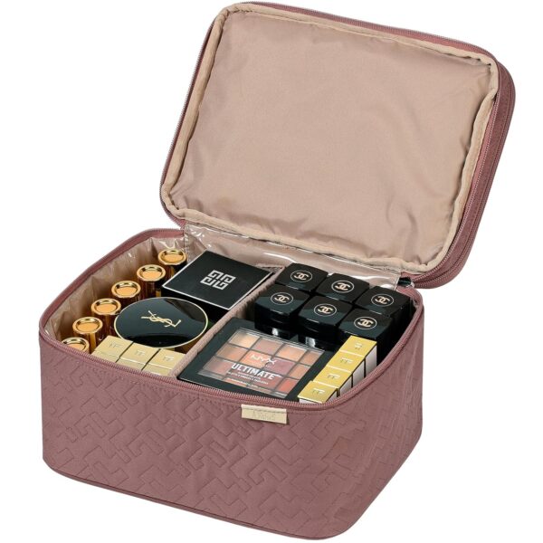 NISHEL Large Double Layer Travel Makeup Bag Women, Large Cosmetic Case, Organizer for Travel-Size Accessories Bottles, Brushes, Conditioner, and Skin Care Products, Rose-wood Pink - Image 3