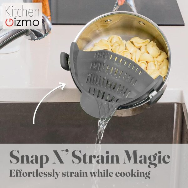 Kitchen Gizmo Snap N\' Strain - Silicone Pasta Strainer Clip-On for Pots and Pans - Heat Resistant Colander for Vegetables and Noodles - Kitchen Gadgets for Cooking - Space-Saving Design - Grey - Image 3