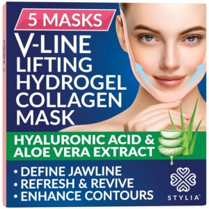 Stylia Double Chin Mask - V Line Chin Strap - Toning Hydrogel Collagen Face Mask with Hyaluronic Acid & Aloe Vera - 5PC