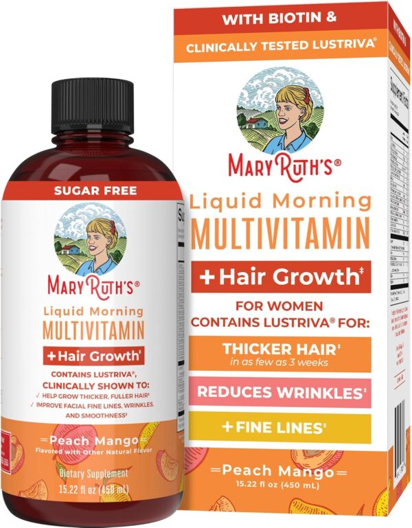 MaryRuth\'s Liquid Multivitamin + Lustriva® Hair Growth for Women| Biotin 10000mcg | Vitamin D | B Vitamins |Clinically Tested for Thicker Hair, Wrinkles, Fine Lines, Skin Care| Ages 18+ | 15.22 Fl Oz