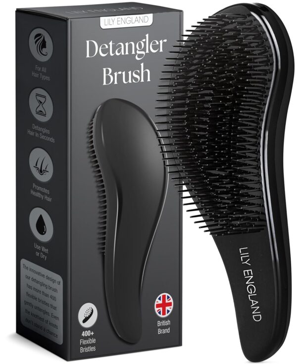 Lily England Detangler Brush for Curly Hair, Thick, Straight & Natural Hair - Gentle Detangling Hair Brush for Women, Kids & Toddlers with Flexible Bristles - Hairbrush for Wet & Dry Hair, Black