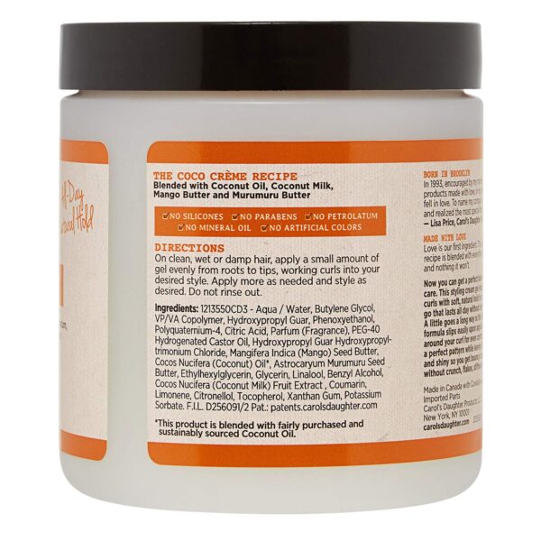 Carol’s Daughter Coco Creme Curl Shaping Cream Gel, with Coconut Oil, Coconut Milk, Silicone Free, Paraben Free Hair Gel for Curly Hair , Mineral Oil Free, for Very Dry Hair, 16 Oz - Image 2