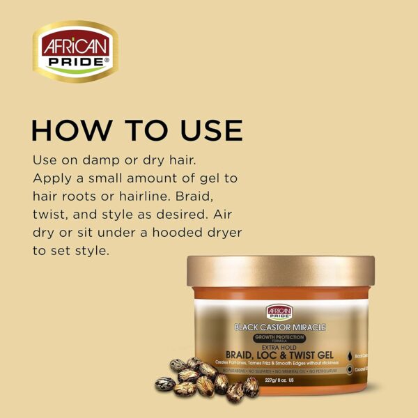 African Pride Black Castor Miracle Extra Hold Braid, Loc, Twist Gel, Tames Frizz & Edges, No Parabens, Sulfates, Mineral Oil or Petrolatum, Contains Black Castor & Coconut Oil - Image 4