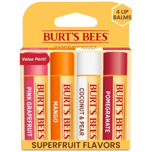 Burt\'s Bees Lip Balm Stocking Stuffers, Moisturizing Lip Care Christmas Gifts, SuperFruit - Pomegranate, Coconut & Pear, Mango, Pink Grapefruit, Natural Origin Treatment (4-Pack)