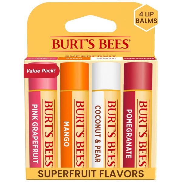 Burt\'s Bees Lip Balm Stocking Stuffers, Moisturizing Lip Care Christmas Gifts, SuperFruit - Pomegranate, Coconut & Pear, Mango, Pink Grapefruit, Natural Origin Treatment (4-Pack)