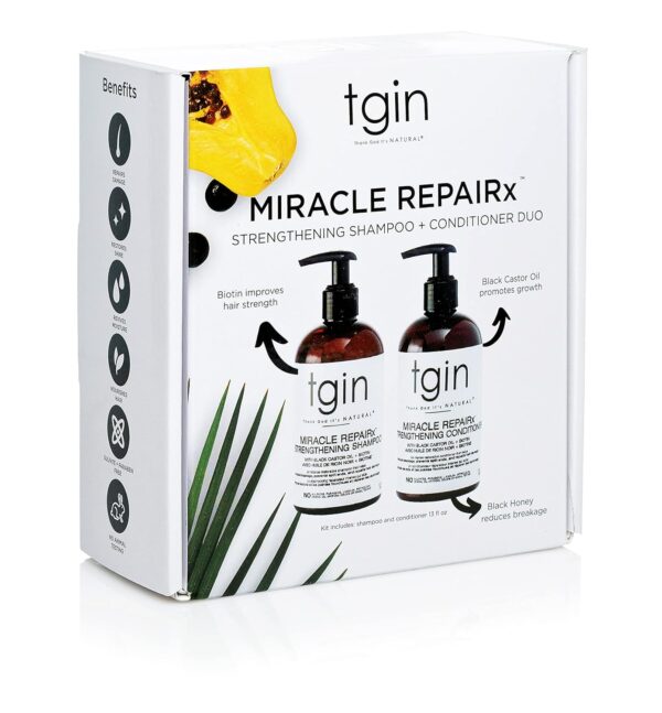 tgin Miracle RepaiRx Strengthening Shampoo and Conditioner Duo for Curly, Coily and Wavy Hair, with Biotin and Black Castor Oil, Repairs and Restores Damaged, Color-Treated Hair, 13 oz (Set) - Image 2