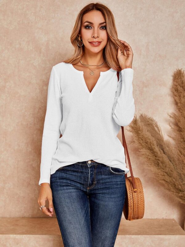 Womens V Neck Waffle Knit Shirts Long Sleeve Loose Fitting Warm Tee Tops Sweaters Pullovers - Image 2