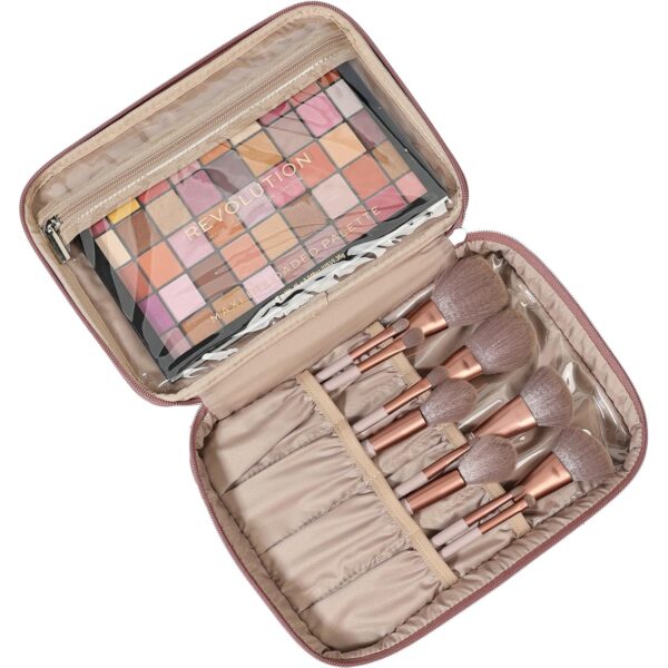 NISHEL Large Double Layer Travel Makeup Bag Women, Large Cosmetic Case, Organizer for Travel-Size Accessories Bottles, Brushes, Conditioner, and Skin Care Products, Rose-wood Pink - Image 2
