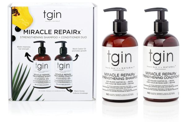 tgin Miracle RepaiRx Strengthening Shampoo and Conditioner Duo for Curly, Coily and Wavy Hair, with Biotin and Black Castor Oil, Repairs and Restores Damaged, Color-Treated Hair, 13 oz (Set) - Image 3