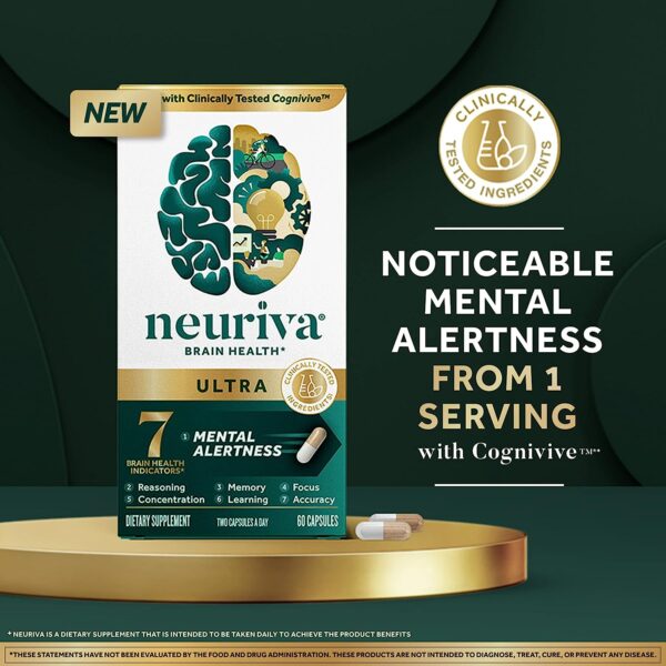 NEURIVA Ultra Decaffeinated Clinically Tested Nootropic Brain Supplement for Mental Alertness, Memory, Focus & Concentration, Cognivive, Neurofactor, Phosphatidylserine, Vitamins B6 B12, 60 Capsules - Image 2