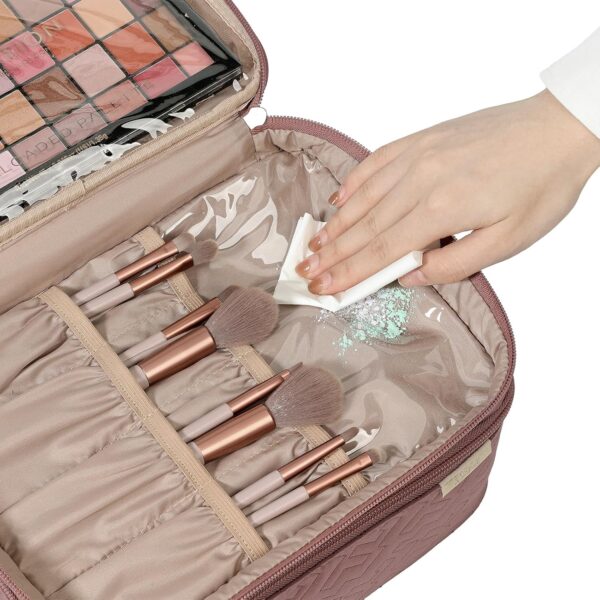 NISHEL Large Double Layer Travel Makeup Bag Women, Large Cosmetic Case, Organizer for Travel-Size Accessories Bottles, Brushes, Conditioner, and Skin Care Products, Rose-wood Pink - Image 4