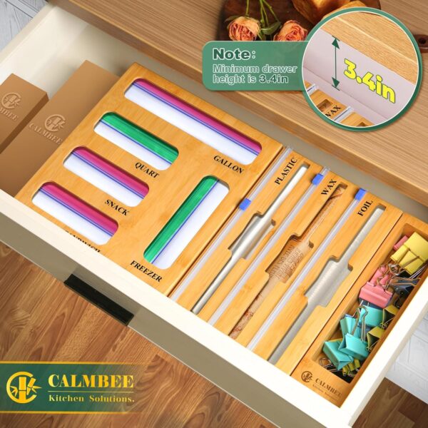 Calmbee Storage Bag Organizer, Foil and plastic Wrap Organizer with Cutter, Kitchen Organizers and Storage Compatible with Gallon, Quart, Sandwich, Snack Bags and 12 - Image 3