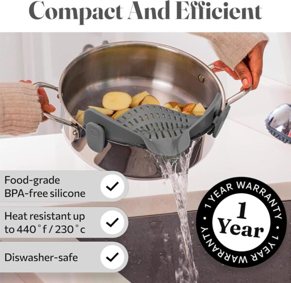 Kitchen Gizmo Snap N\' Strain - Silicone Pasta Strainer Clip-On for Pots and Pans - Heat Resistant Colander for Vegetables and Noodles - Kitchen Gadgets for Cooking - Space-Saving Design - Grey - Image 6
