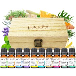 PURA D\'OR Organic Perfect10 Essential Oils Set - 10x 10mL Wood Box Aromatherapy Gift Set - 100% Pure Therapeutic Grade for Relaxation and Wellness (Lavender, Peppermint, Eucalyptus, Tea Tree & More)